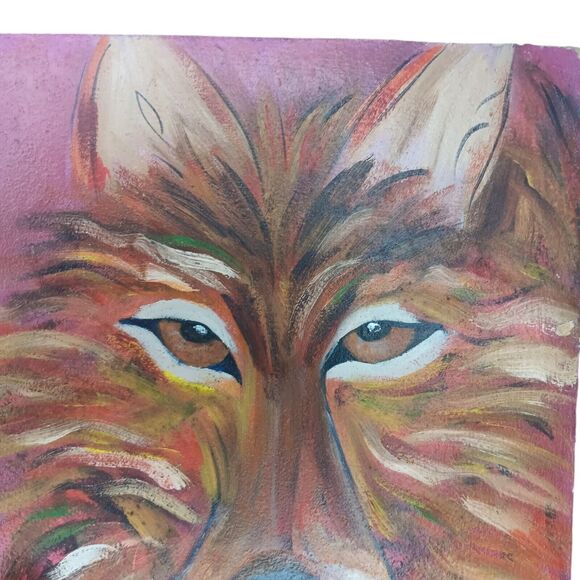 Wolf Painting Original on Plaster Canvas Red Brown Signed J Miculka '09 Vintage - Picture 10 of 12